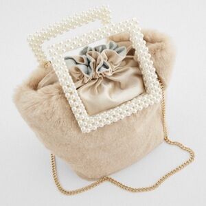 ZARA Beige Faux Fur Basket Bag with Pearl Handle